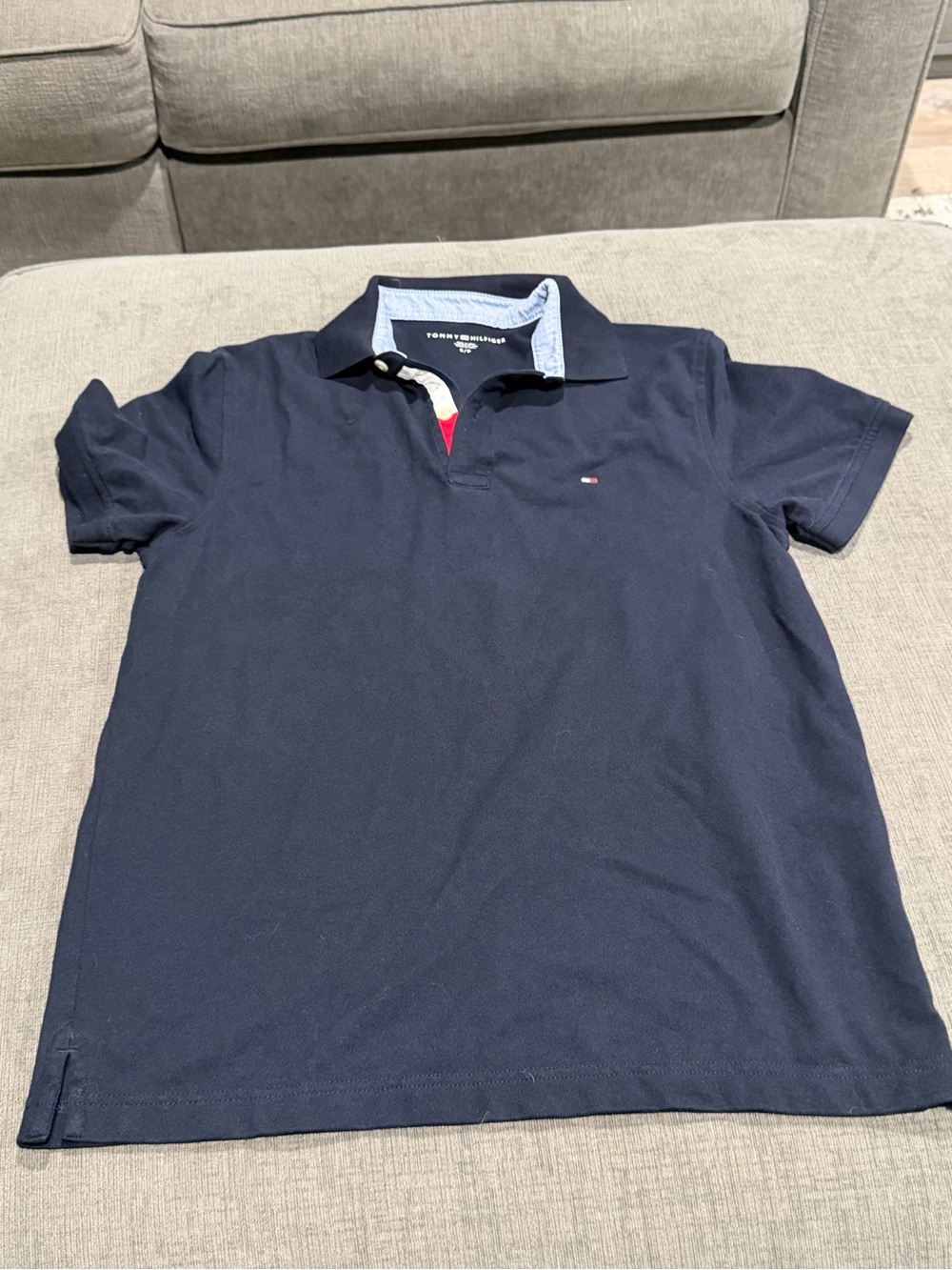 Tommy Hilfiger Navy Polo with Light Blue Collar and Red Placket Accent